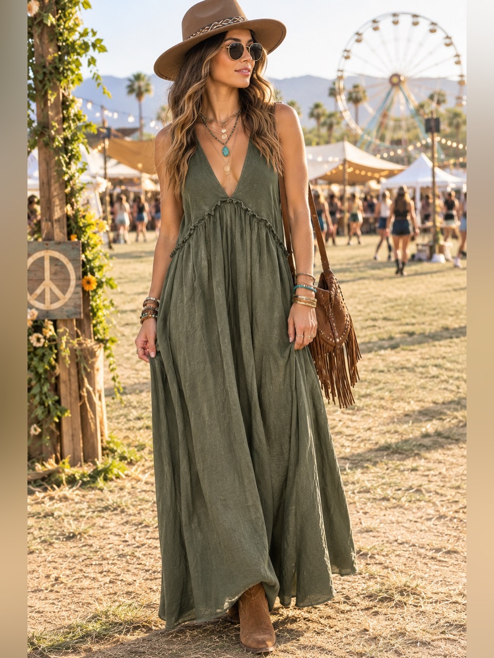 American Eagle Olive Green Cotton Wide Leg Jumpsuit Deep V Neck Tie Back M